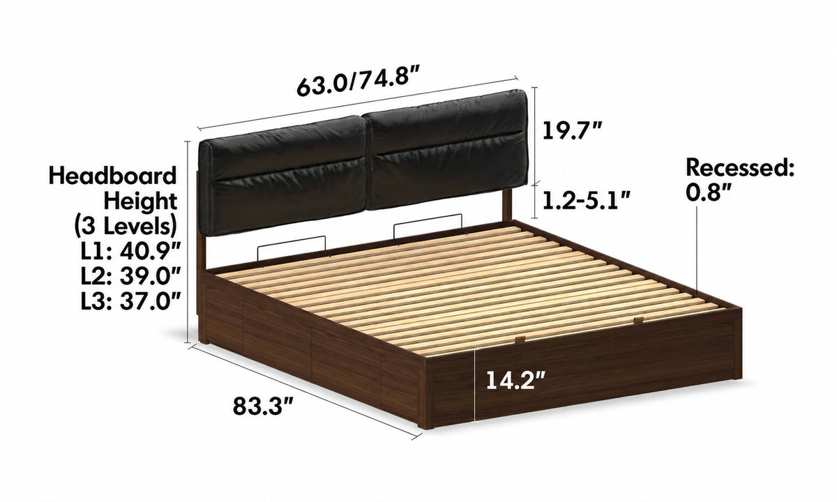 Japandi Walnut Wood Cushion Lift-Up Storage Bed With Drawer KANGAROO Size Chart