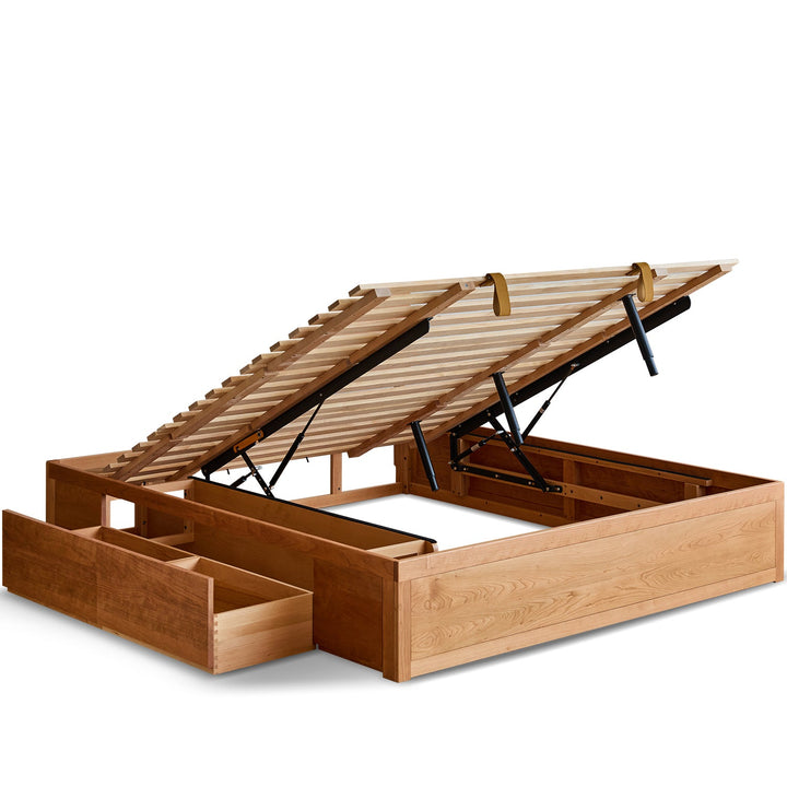 Scandinavian Cherry Wood Lift-Up Storage Platform Bed With Drawer KANGAROO