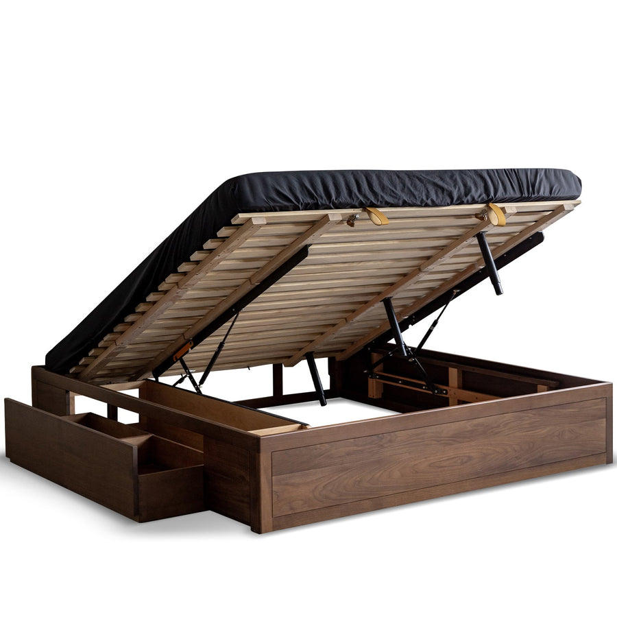 Japandi Walnut Wood Lift-Up Storage Platform Bed With Drawer KANGAROO