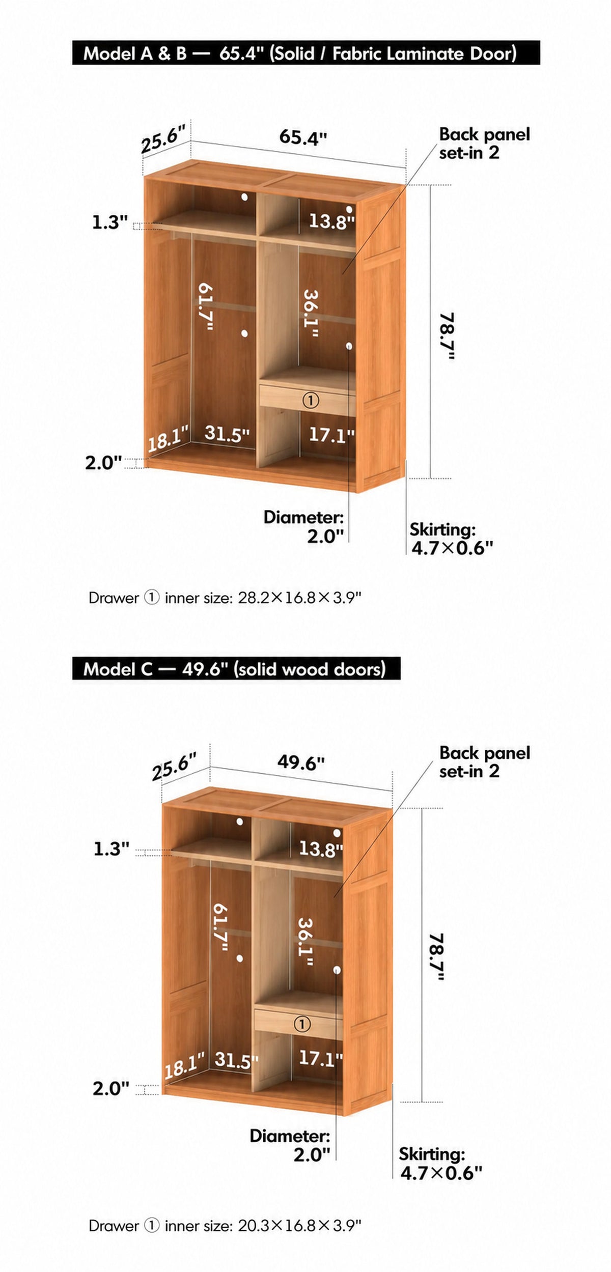Scandinavian Cherry Wood Sliding Door Wardrobe KANGAROO Size Chart