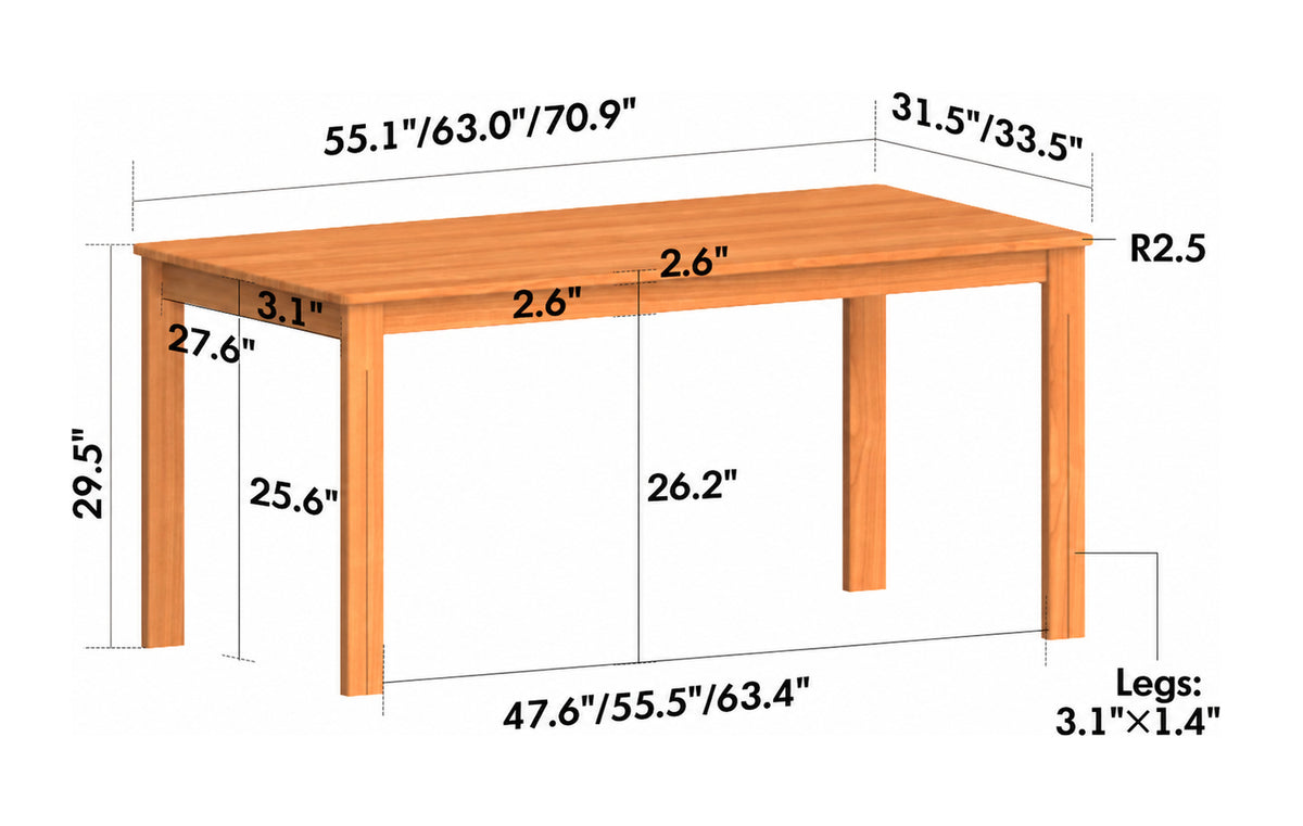 Scandinavian Cherry Wood Dining Table ECLIPSE Size Chart