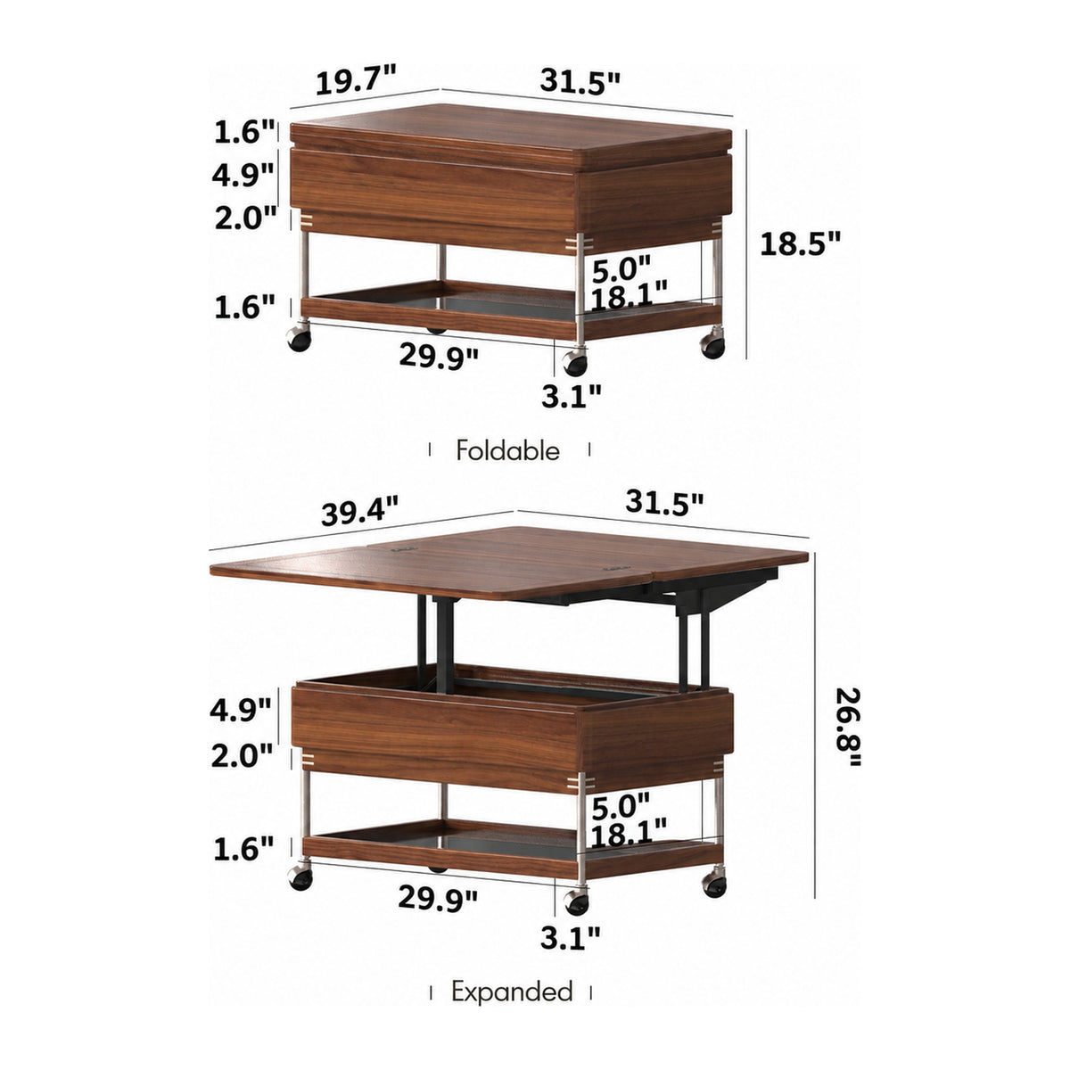 Japandi Walnut Wood Lift-Up Coffee Table SEREN Size Chart