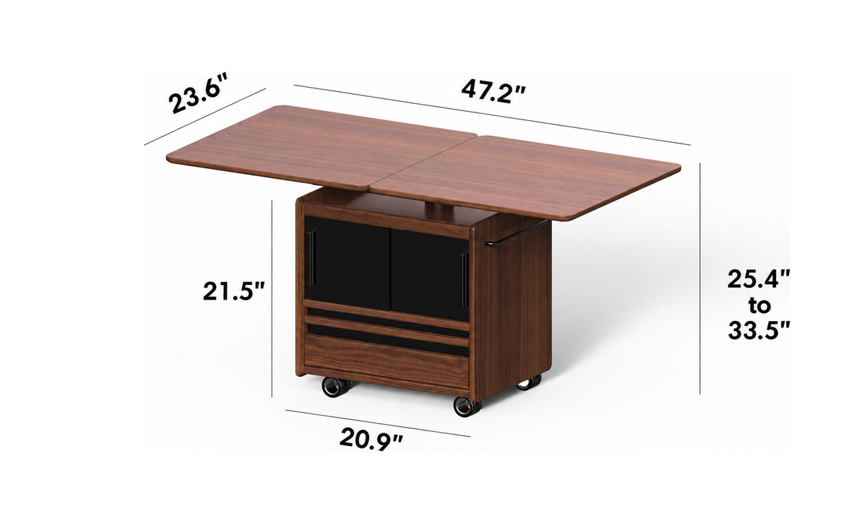 Japandi Walnut Wood Extendable Height Adjustable Coffee Table MIRROR LAKE Size Chart