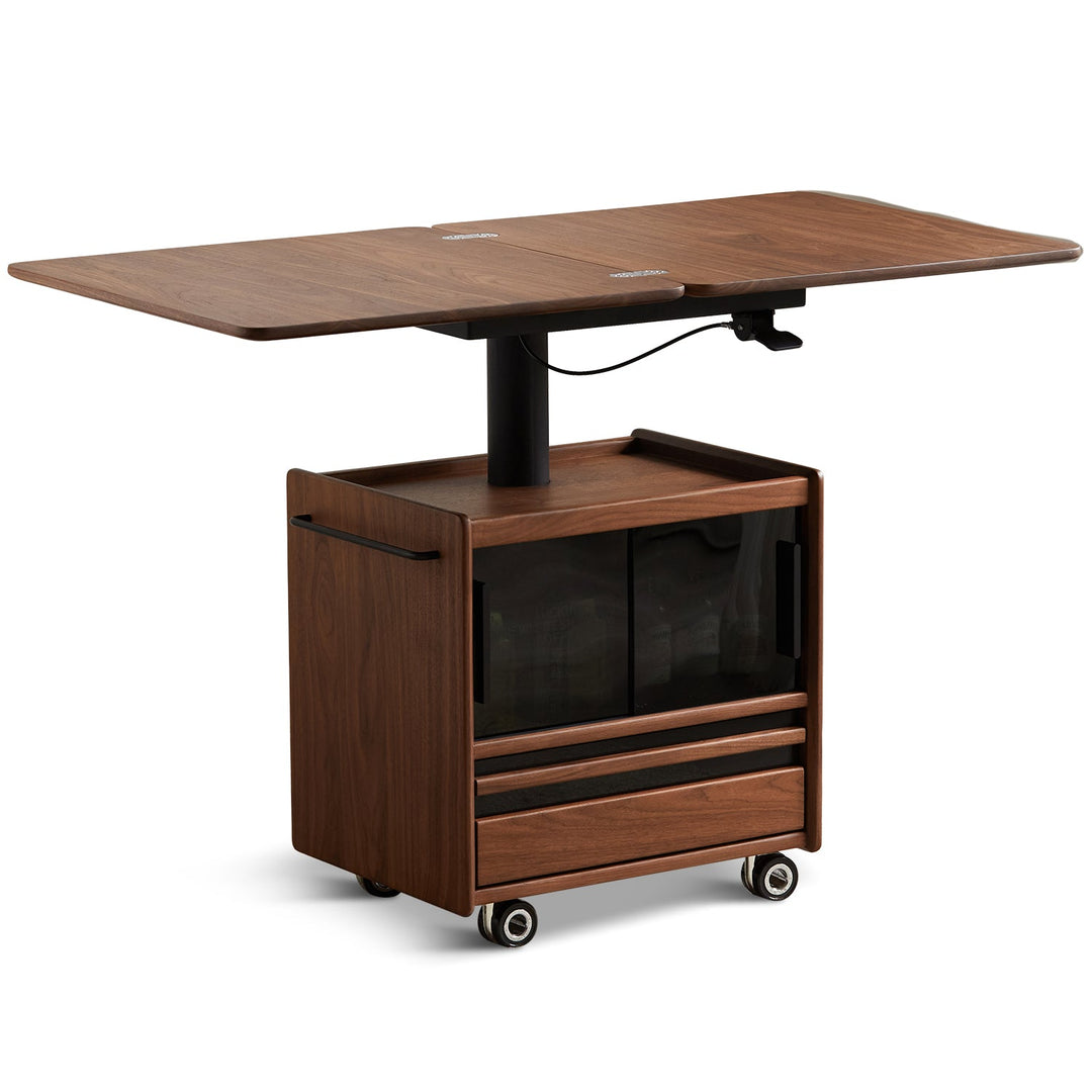 Vintage walnut wood extendable height adjustable coffee table mirror lake in white background.