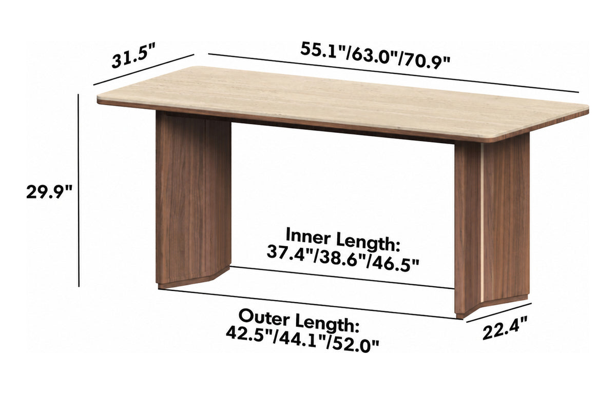 Japandi Walnut Wood Sintered Stone Dining Table STRATON Size Chart