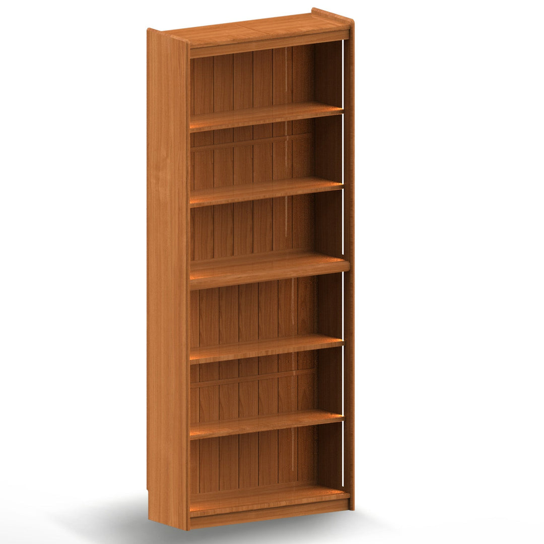 Scandinavian cherry wood bookshelf vista in still life.
