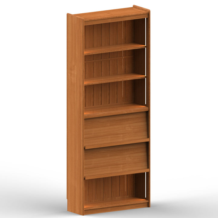 Scandinavian cherry wood bookshelf vista layered structure.