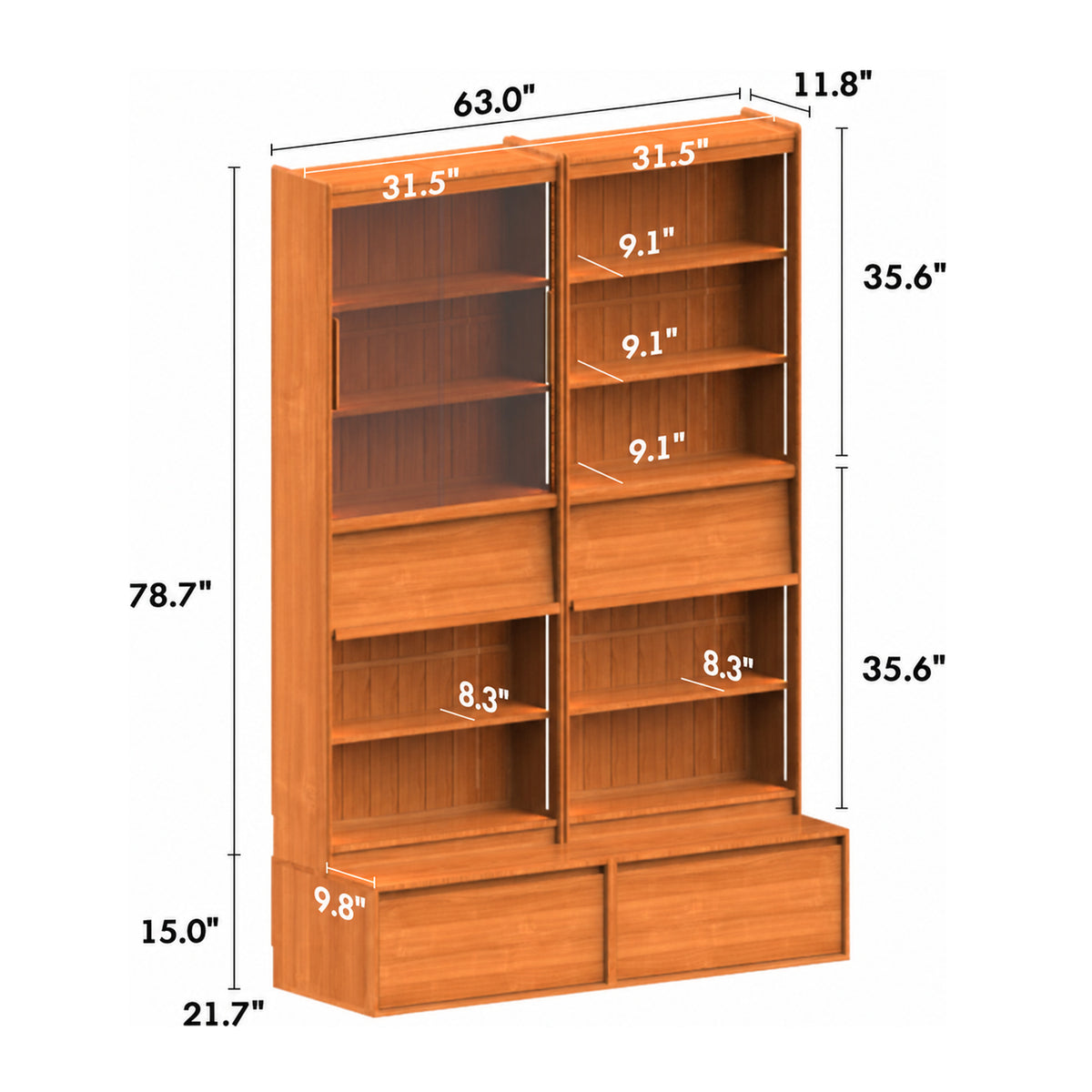Scandinavian Cherry Wood Bookshelf VISTA Size Chart