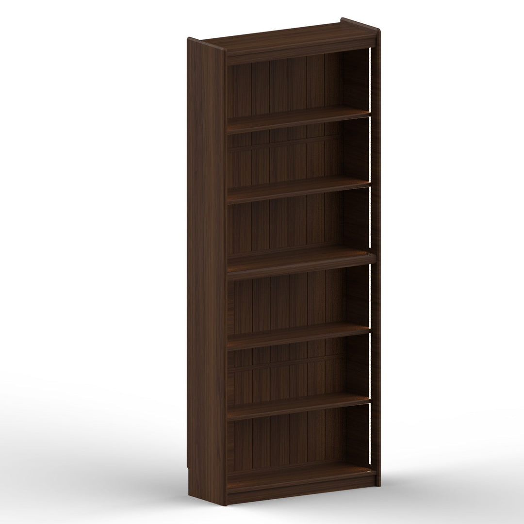 Vintage walnut wood bookshelf vista in still life.