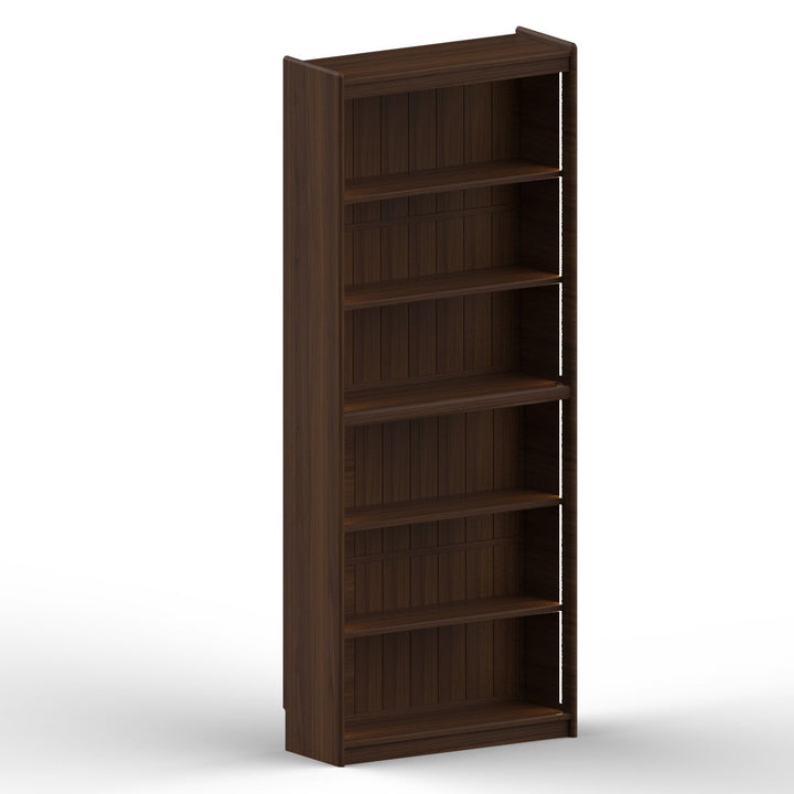 Vintage walnut wood bookshelf vista in still life.