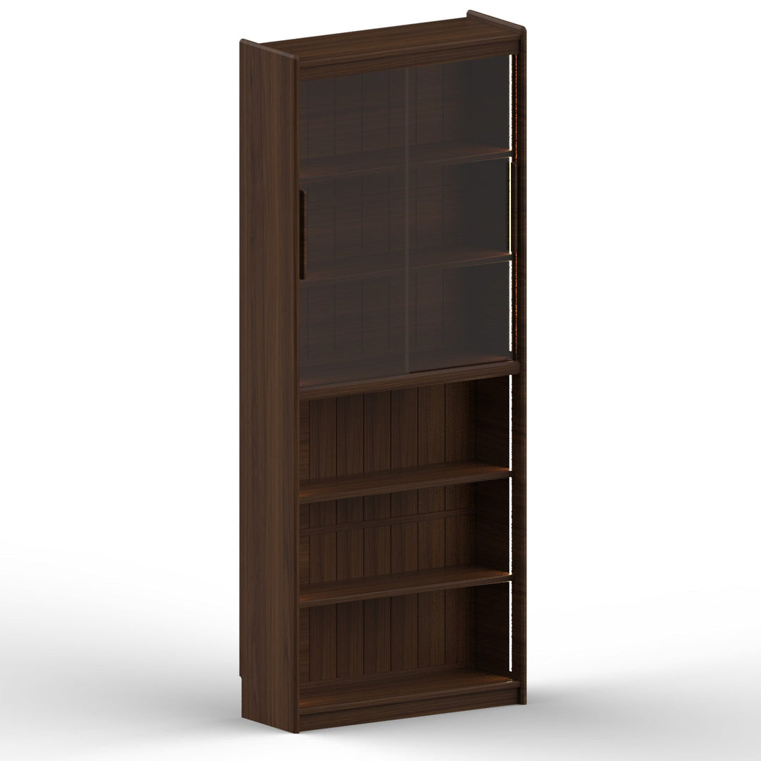 Vintage walnut wood bookshelf vista environmental situation.