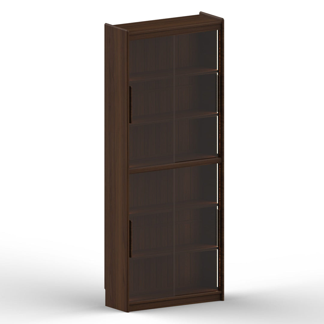 Vintage walnut wood bookshelf vista conceptual design.