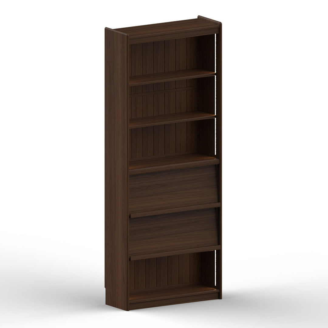 Vintage walnut wood bookshelf vista layered structure.