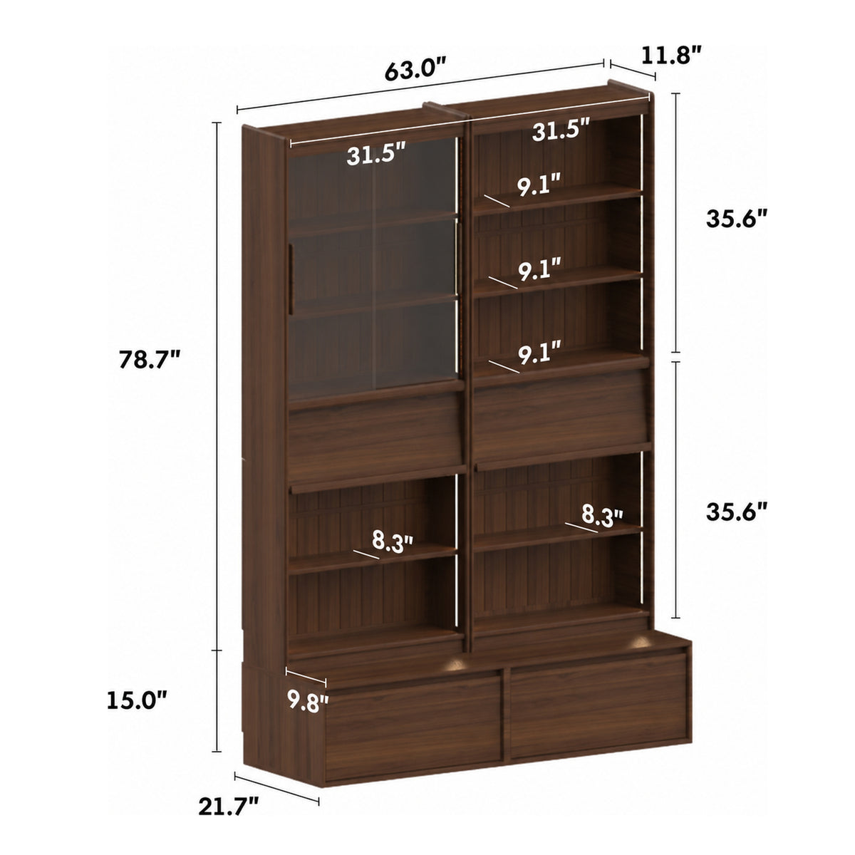 Japandi Walnut Wood Bookshelf VISTA Size Chart