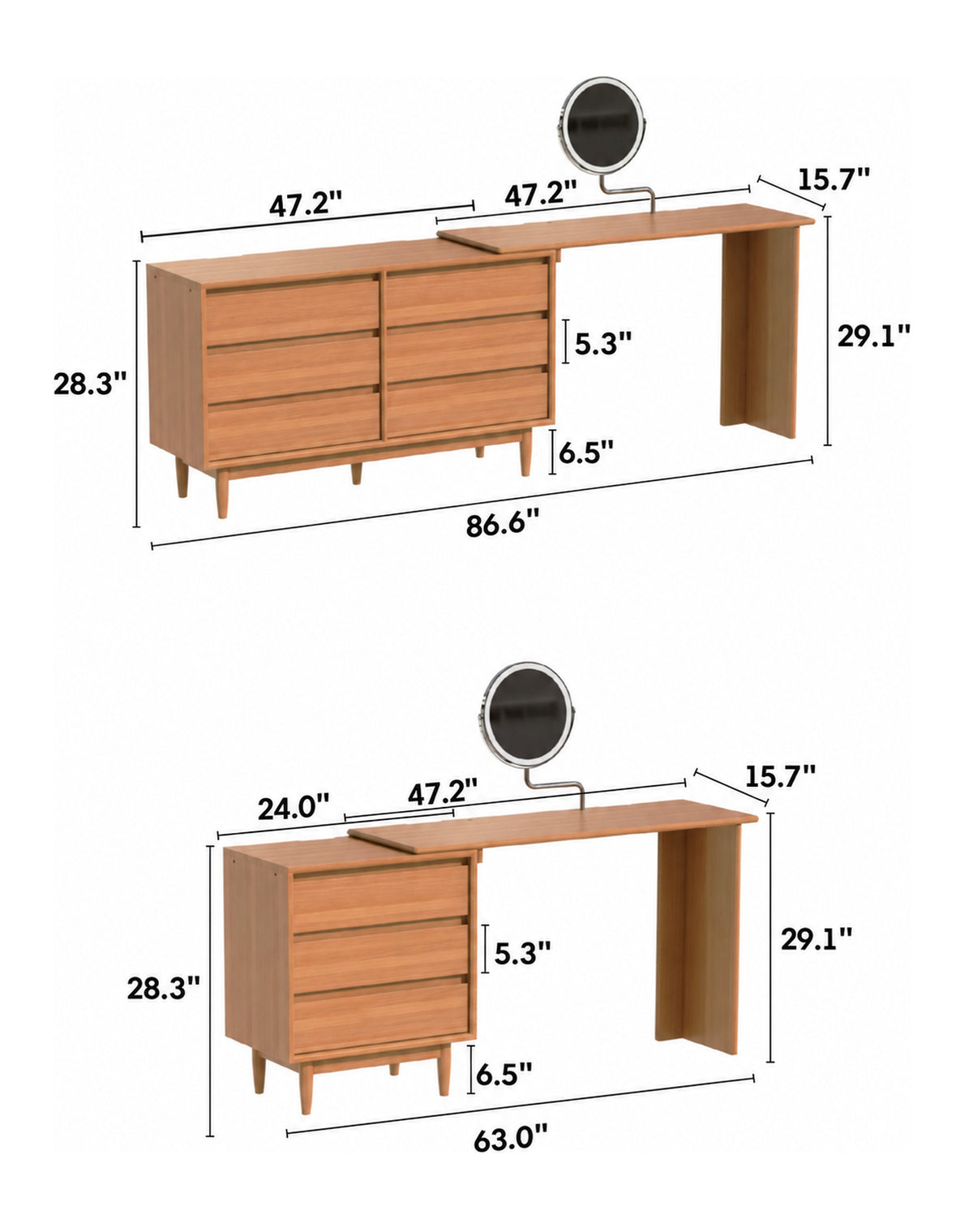 Scandinavian Cherry Wood Dressing Table VISTA Size Chart