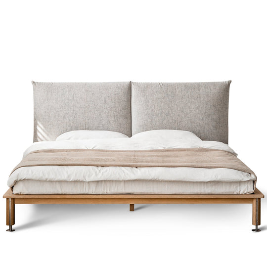 Minimalist cotton fabric oak wood bed evia in white background.