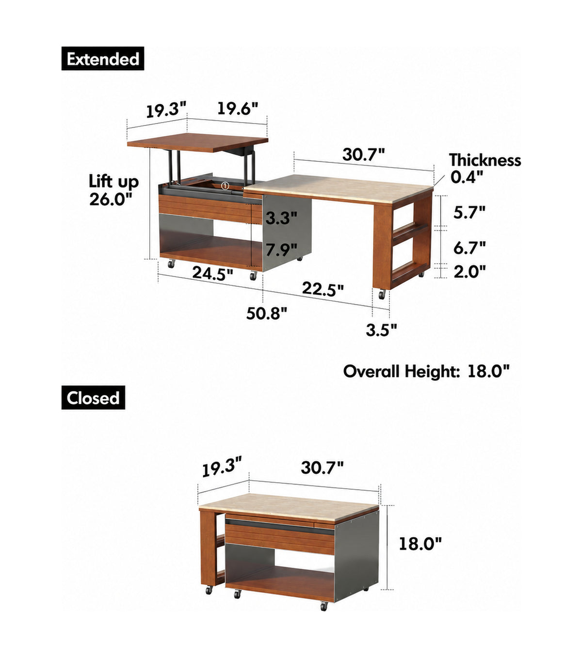 Bauhaus Boxwood Sintered Stone Lift-Up Coffee Table SILVER WING Size Chart