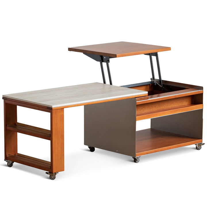 Vintage boxwood sintered stone lift-up coffee table silver wing in white background.