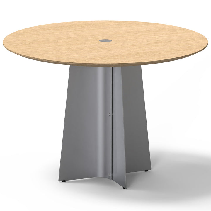 Minimalist ash wood veneer stainless steel round dining table aeri in white background.