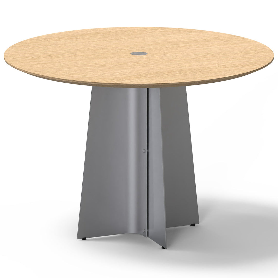 Bauhaus ash wood veneer stainless steel round dining table aeri in white background.
