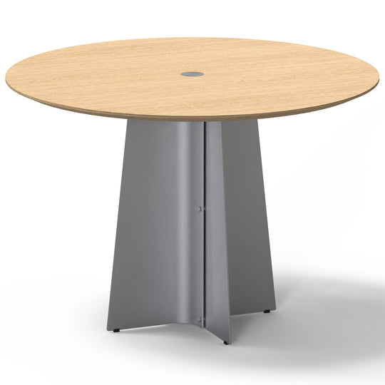 Bauhaus ash wood veneer stainless steel round dining table aeri in white background.