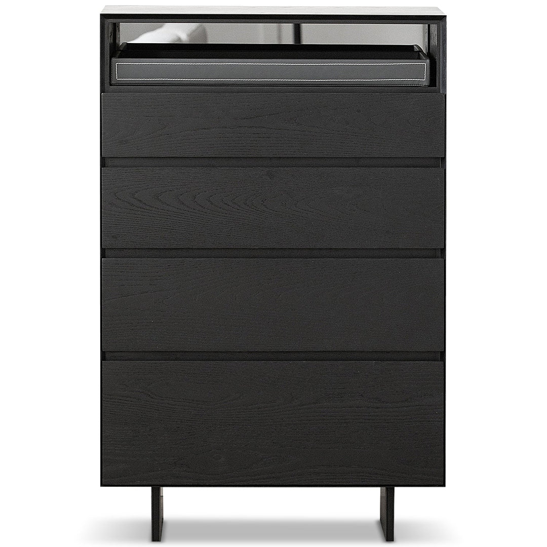 Minimalist ash wood veneer chest of 4  drawers grid in white background.