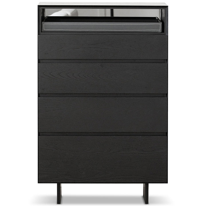 Minimalist ash wood veneer chest of 4  drawers grid in white background.