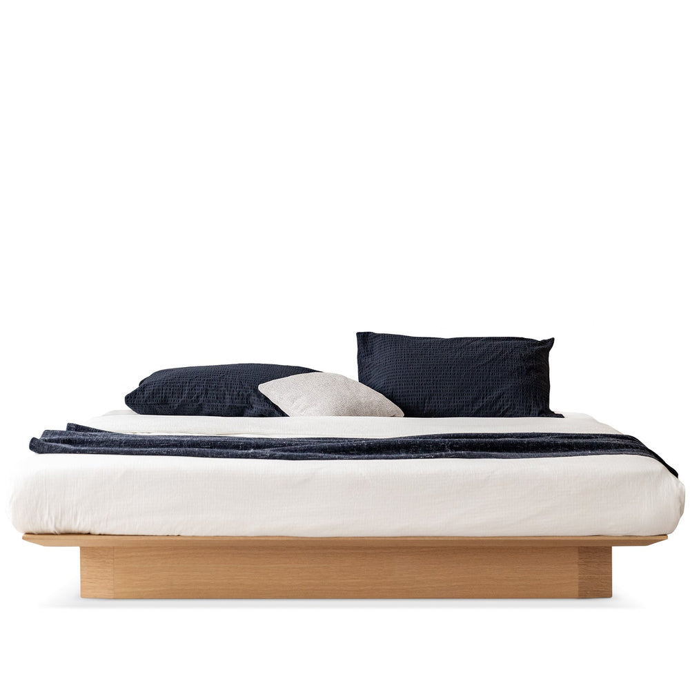 Minimalist ash wood veneer platform floating bed winter in white background.