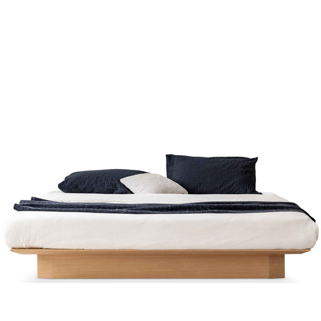 Minimalist ash wood veneer platform floating bed winter in white background.