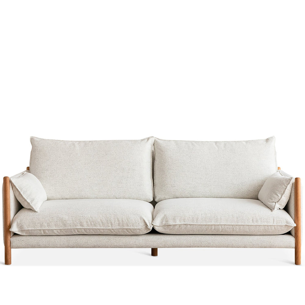 Scandinavian chenille velvet cherry wood 3 seater sofa sea salt in white background.