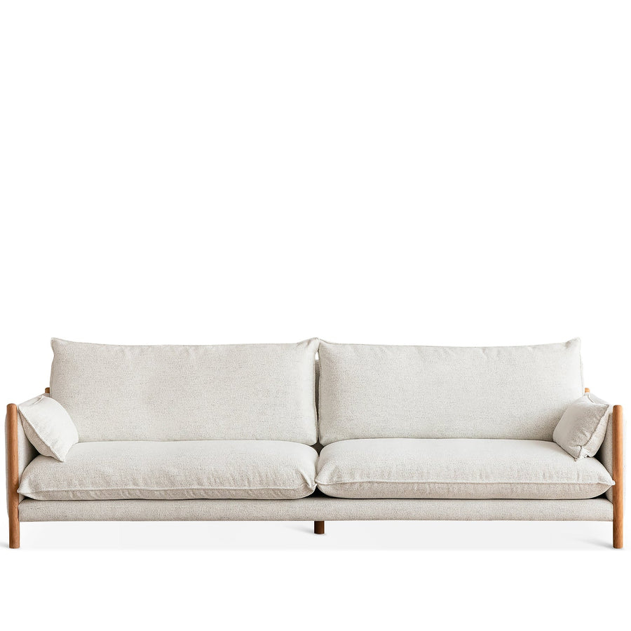 Scandinavian chenille velvet cherry wood 4 seater sofa sea salt in white background.