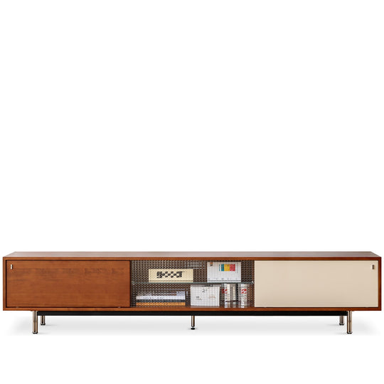 Bauhaus boxwood tv console pinecone in white background.