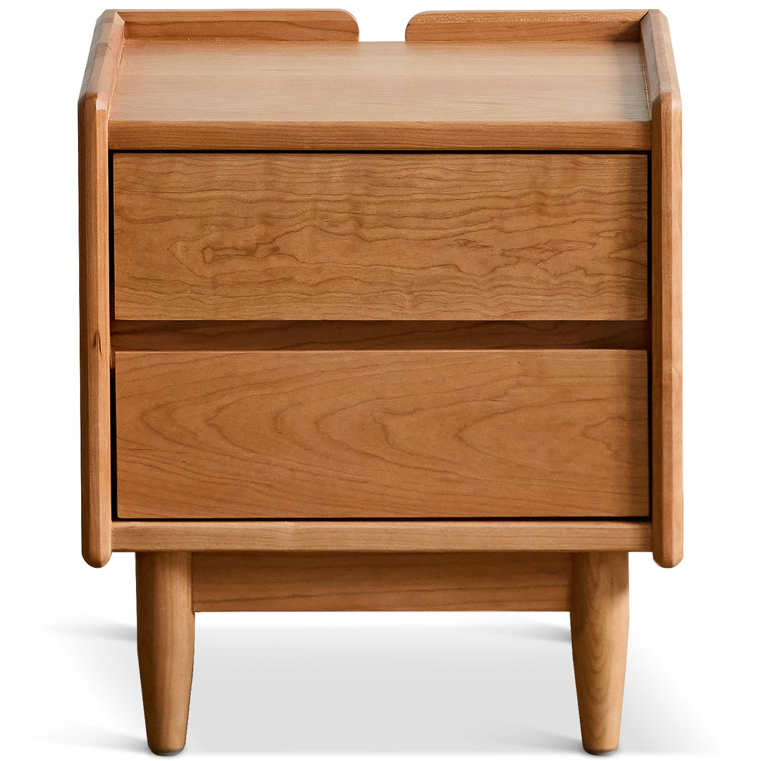 Scandinavian cherry wood side table vista in white background.