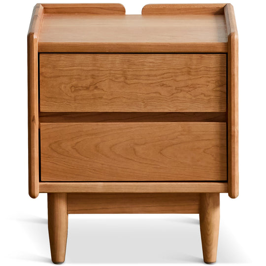 Scandinavian cherry wood side table vista in white background.