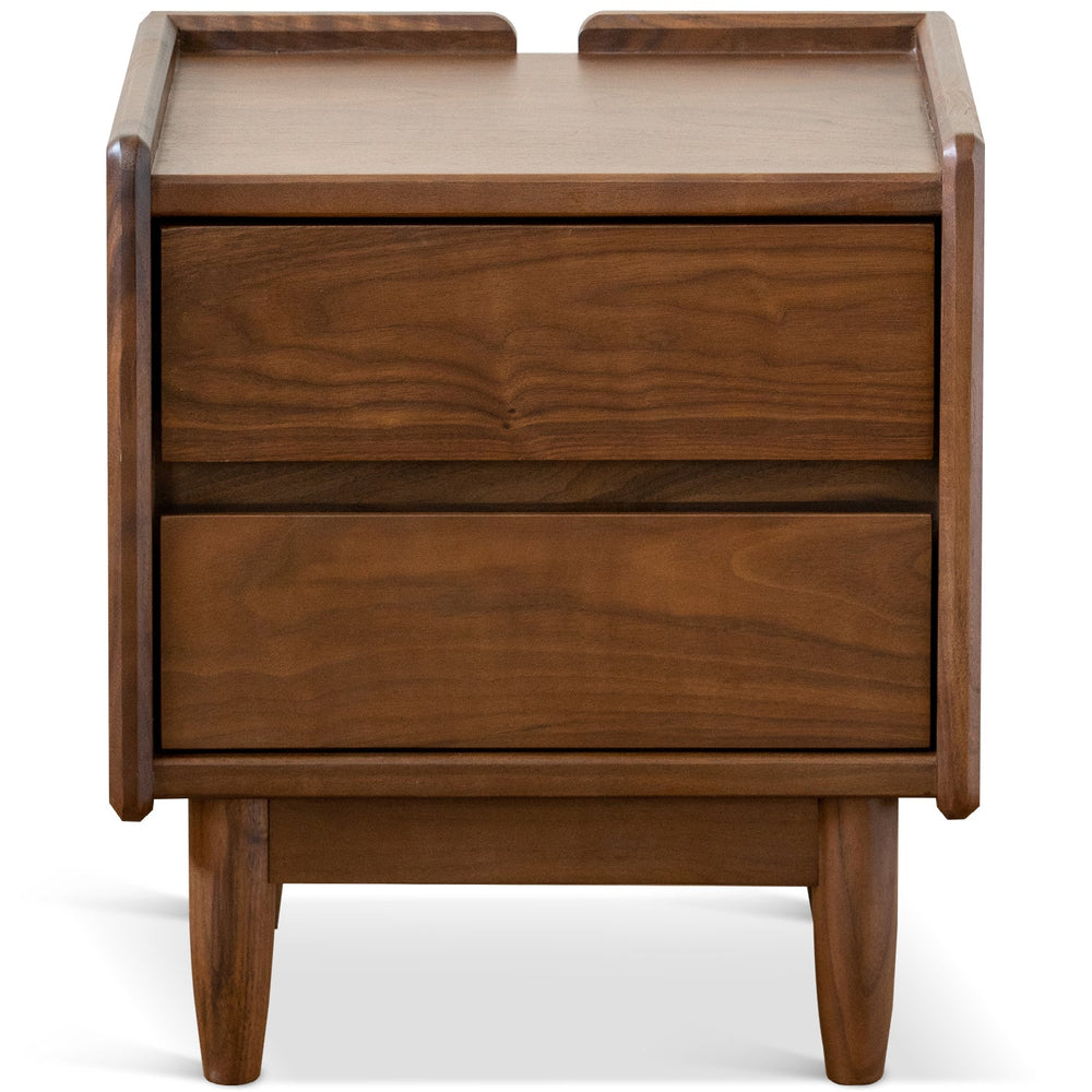 Japandi walnut wood side table vista in white background.