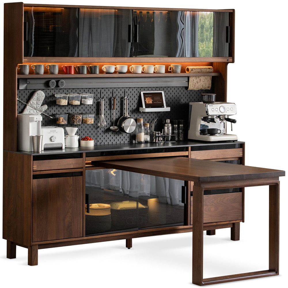 Japandi walnut wood storage side cabinet with dining table harmon in white background.