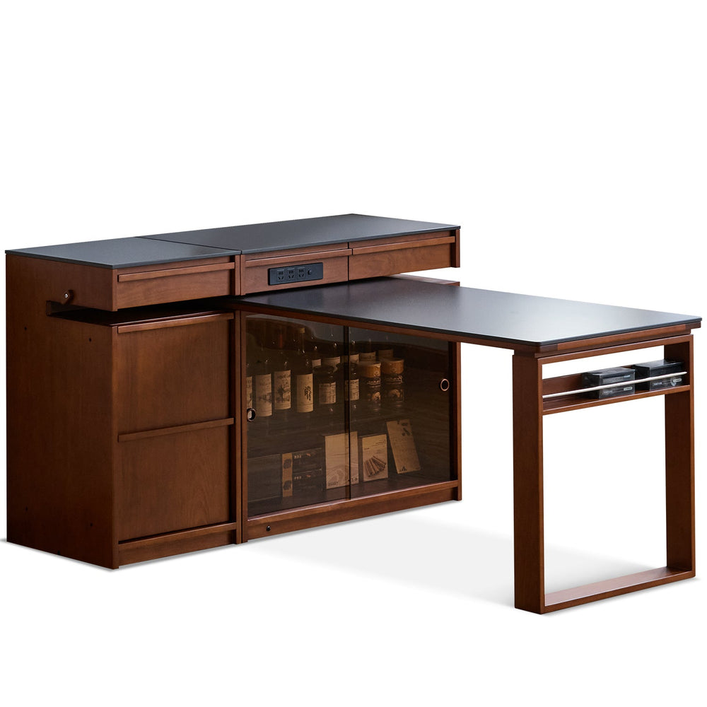 Vintage boxwood sintered stone extendable island dining table with cabinet skeletal in white background.