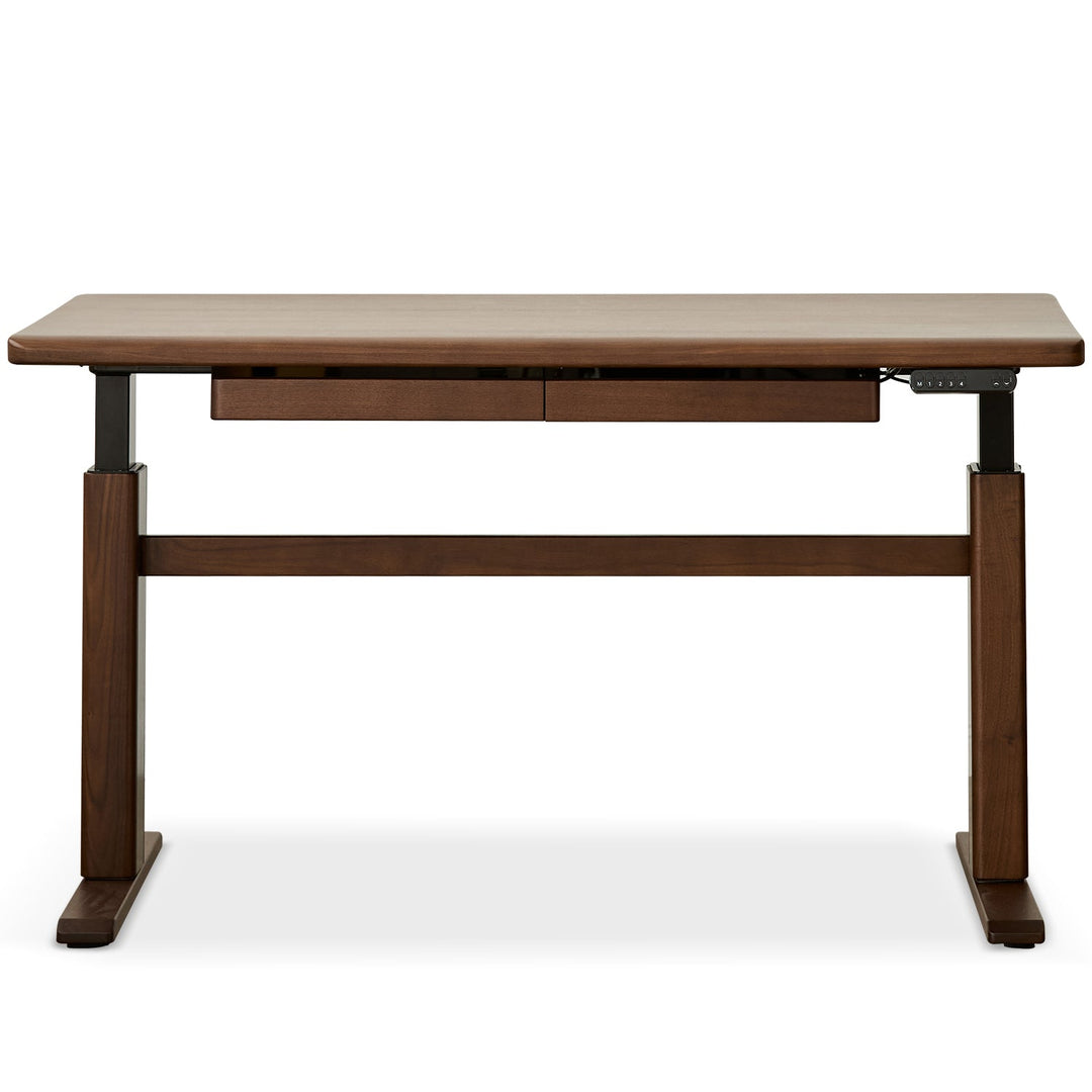 Japandi walnut wood electric height adjustable study table cloud lifting conceptual design.