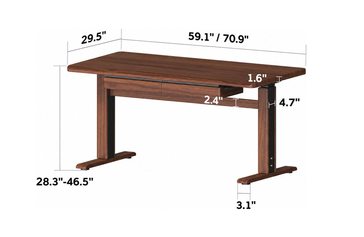 Japandi Walnut Wood Electric Height Adjustable Study Table CLOUD LIFTING Size Chart