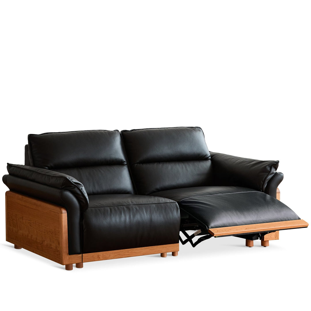 Scandinavian cherry wood genuine leather electric recliner 3 seater sofa edgeless in still life.