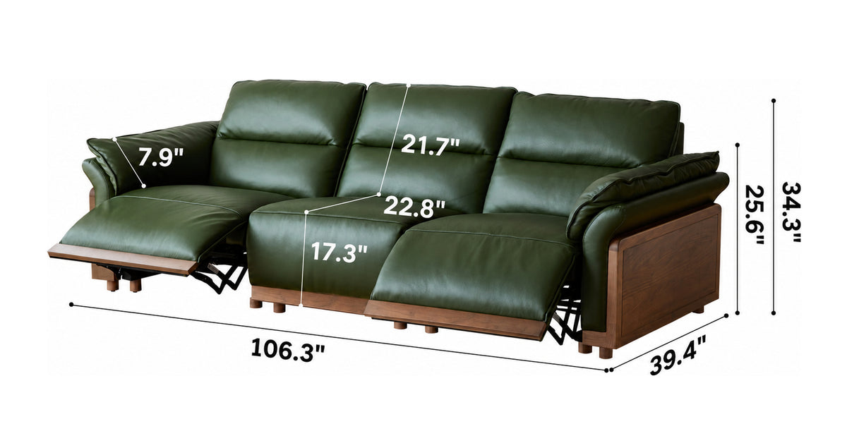 Japandi Walnut Wood Genuine Leather Electric Recliner 4 Seater Sofa EDGELESS Size Chart