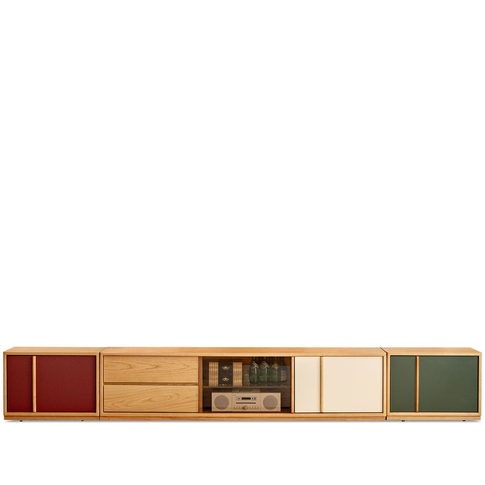 Bauhaus cherry wood tv console time in white background.