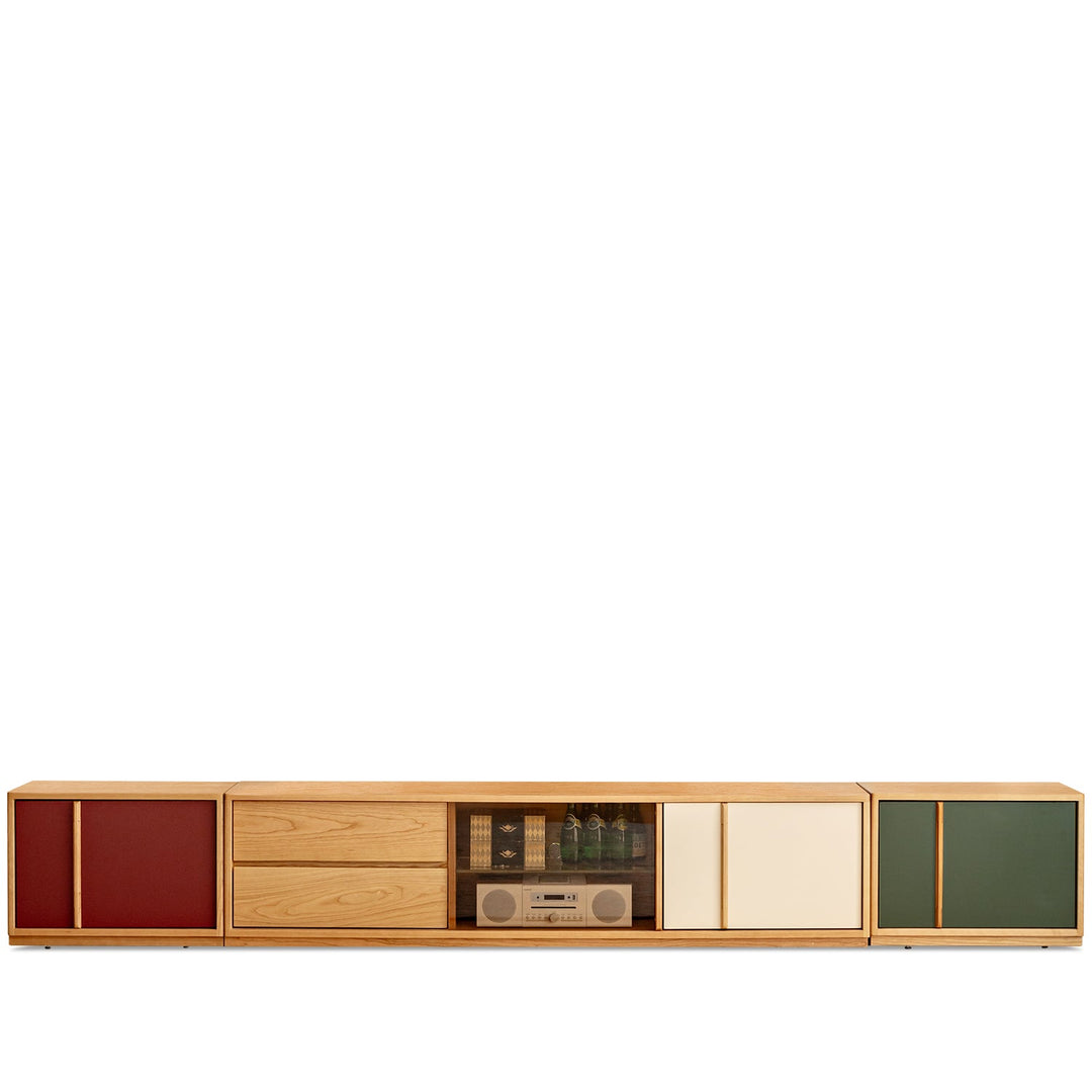 Bauhaus cherry wood tv console time in white background.