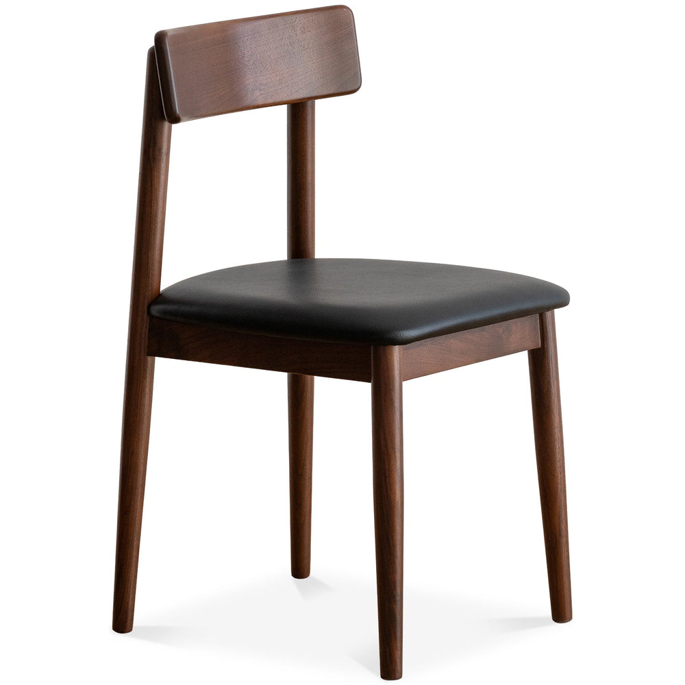 Japandi walnut wood microfiber leather dining chair green in white background.
