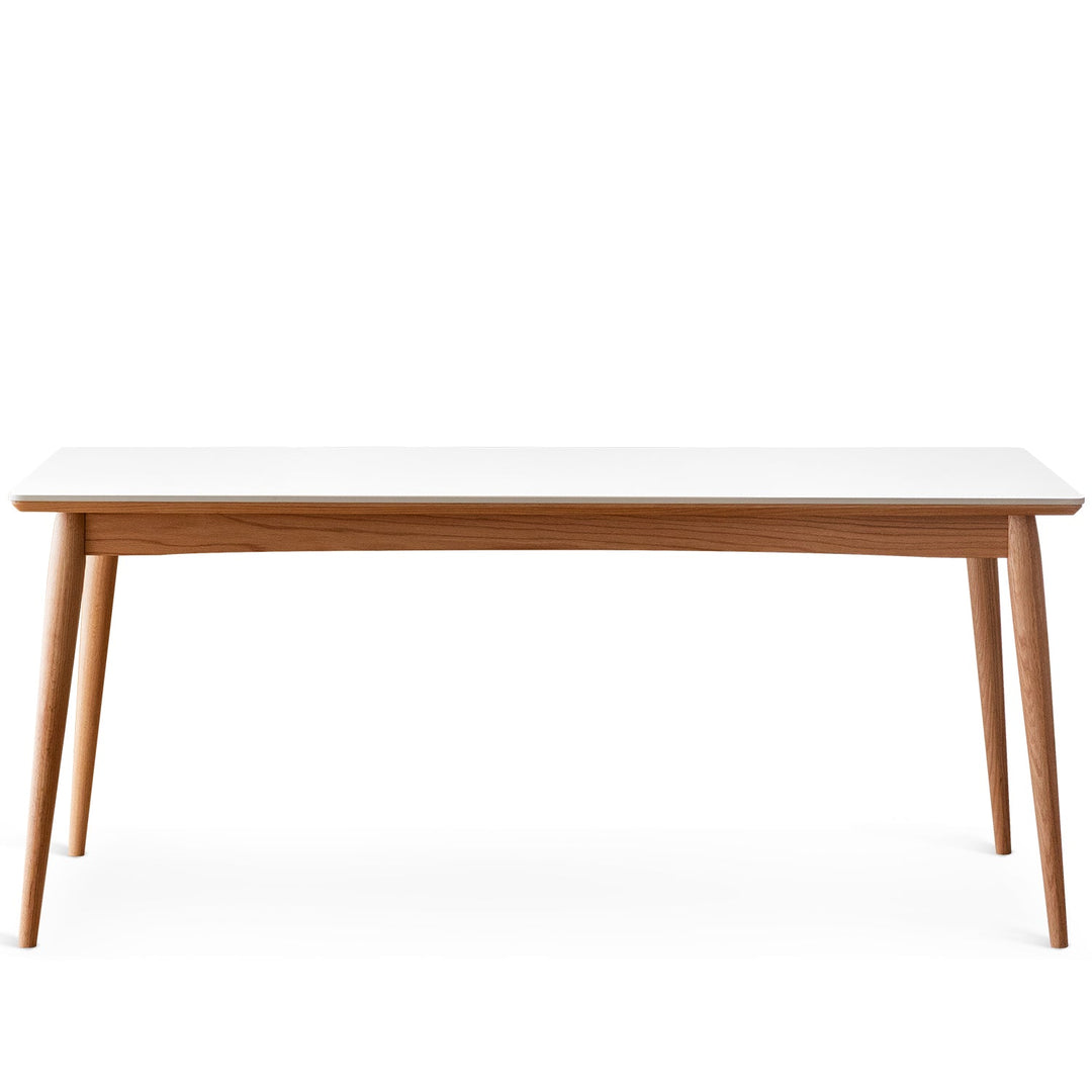 Scandinavian oak wood sintered stone dining table green in white background.