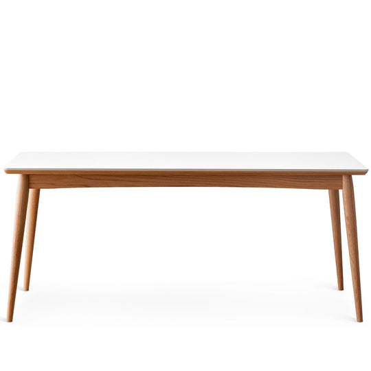 Scandinavian oak wood sintered stone dining table green in white background.