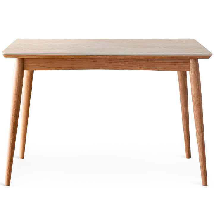 Scandinavian oak wood sintered stone dining table green layered structure.