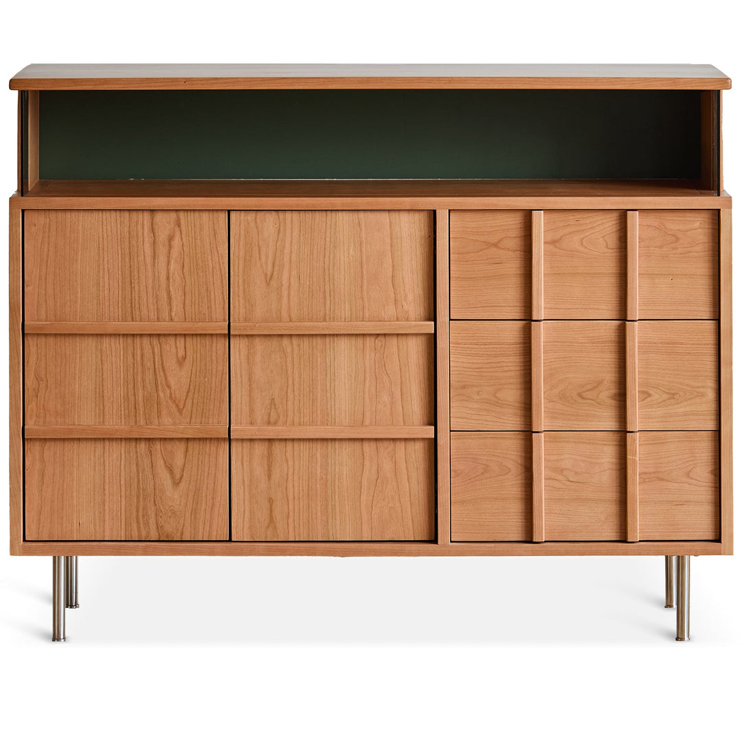 Scandinavian cherry wood side cabinet blue mountain in white background.