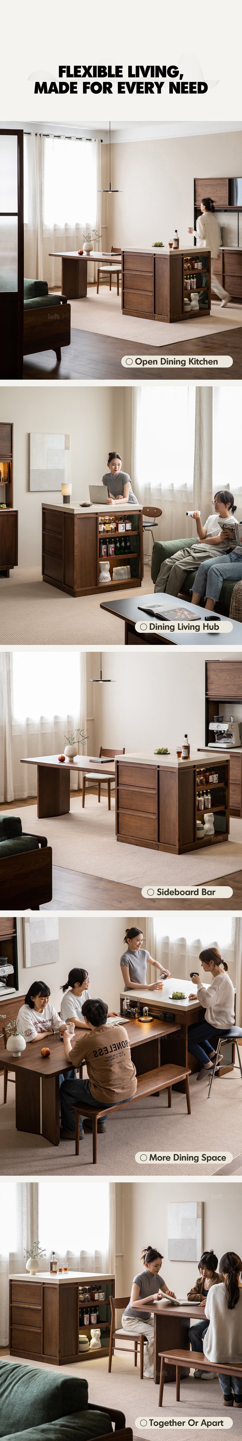 Japandi Walnut Wood Sintered Stone Island Dining Table With Cabinet AXIS More Details and Instruction_3