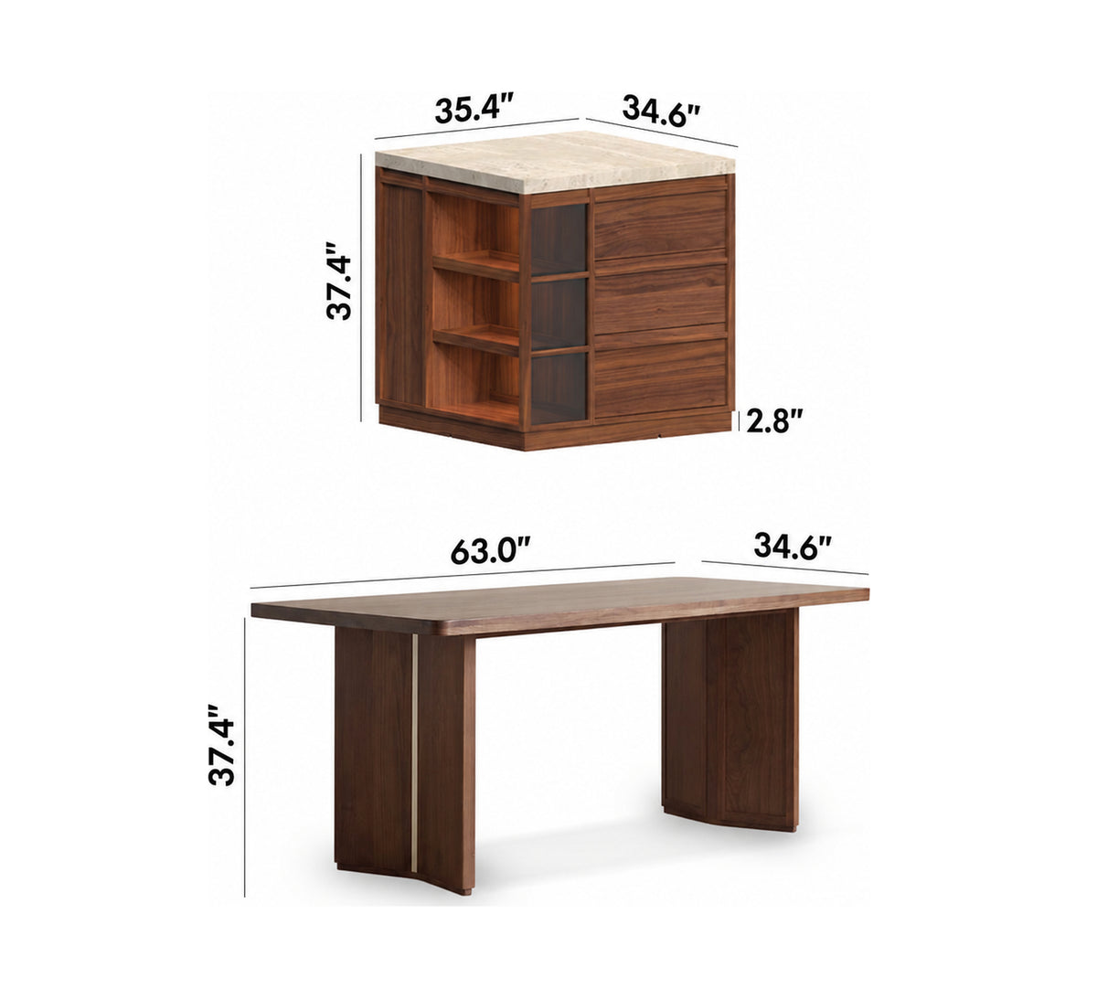 Japandi Walnut Wood Sintered Stone Island Dining Table With Cabinet AXIS Size Chart